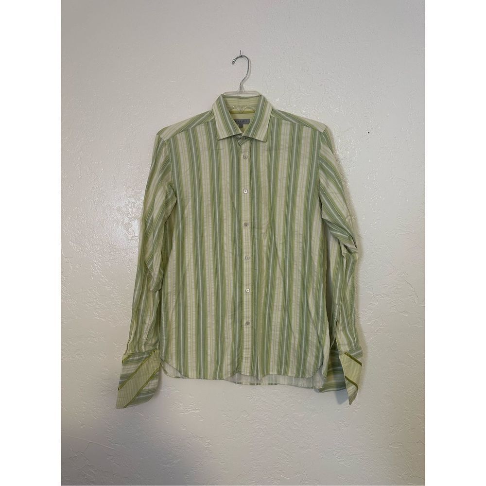 TED BAKER size 4 40 LARGE Green White Striped Men's Button Down Shirt